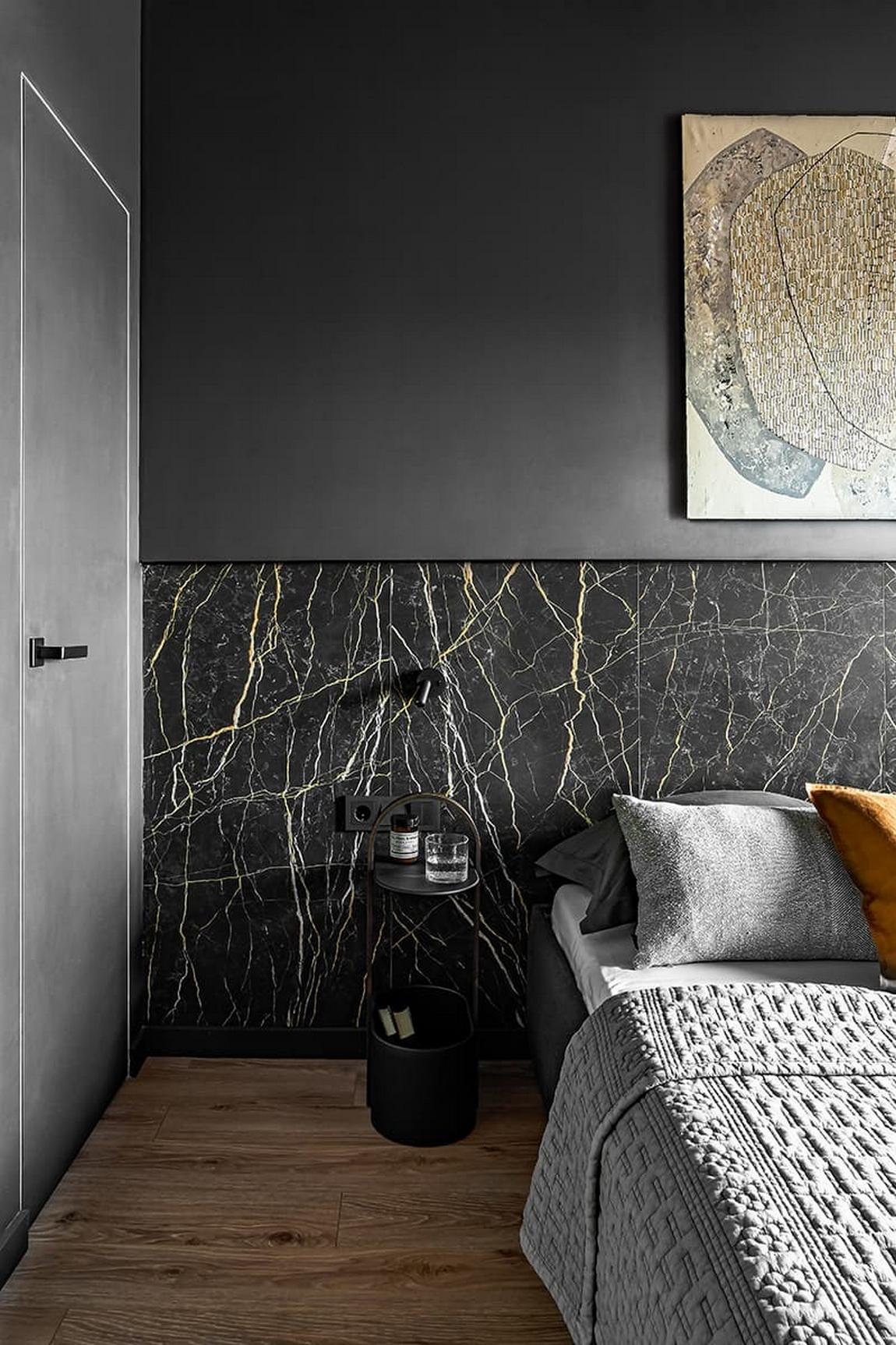 Kő, fa, üveg és dekorációs vakolat: karakteres berendezés férfi 42 m²-es lakásában