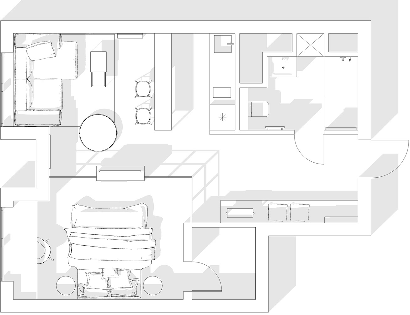 Kő, fa, üveg és dekorációs vakolat: karakteres berendezés férfi 42 m²-es lakásában