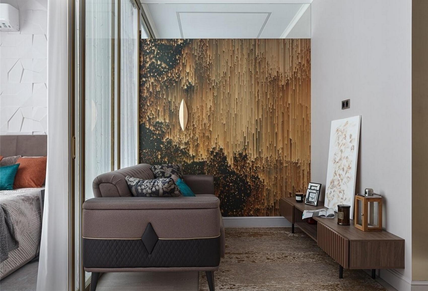 Modern elegancia férfi kis lakásában: arany és sárgaréz, színek és szép részletek 38 m²-en