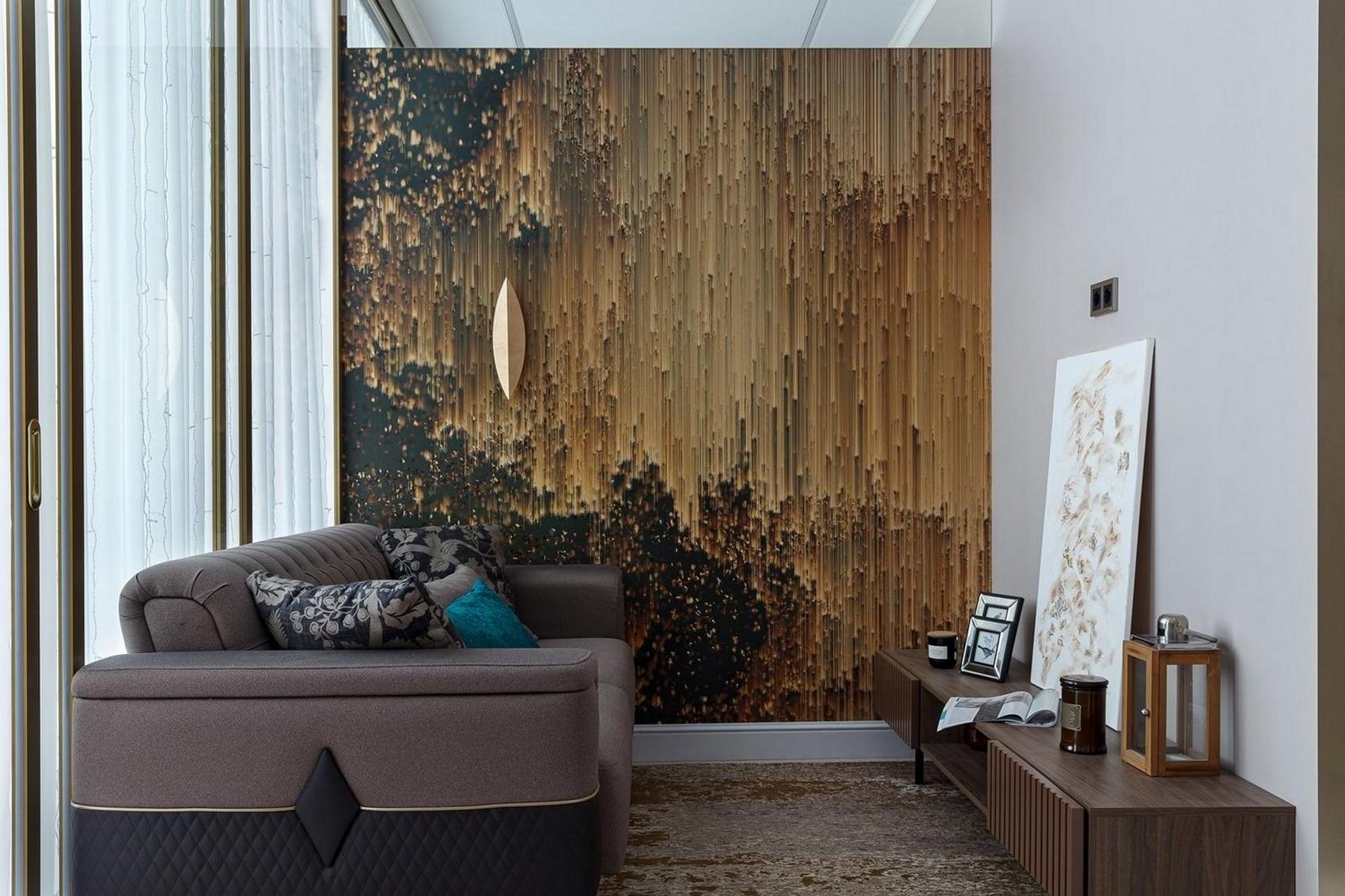 Modern elegancia férfi kis lakásában: arany és sárgaréz, színek és szép részletek 38 m²-en