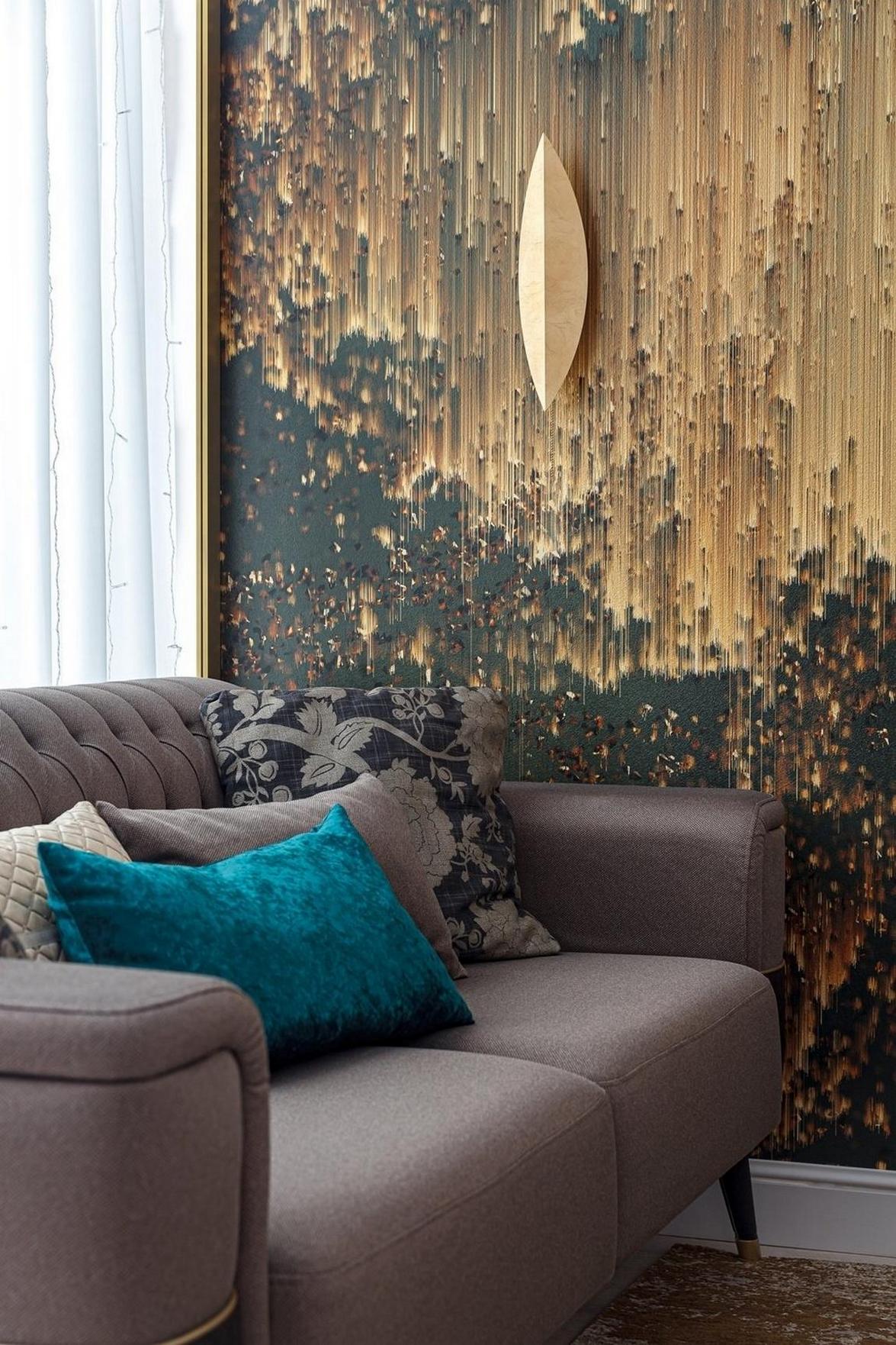 Modern elegancia férfi kis lakásában: arany és sárgaréz, színek és szép részletek 38 m²-en