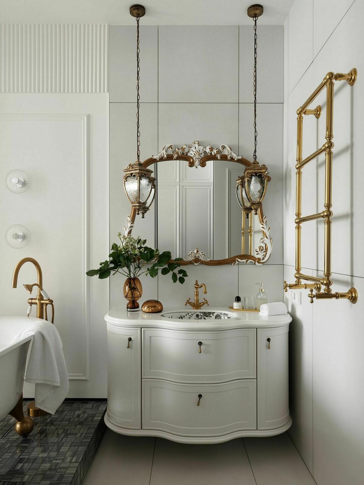 Nő lakása franciás hangulattal: fehér-arany-fekete színvilág, modern klasszikus stílus Nő lakása franciás hangulattal: fehér-arany-fekete színvilág, modern klasszikus stílus