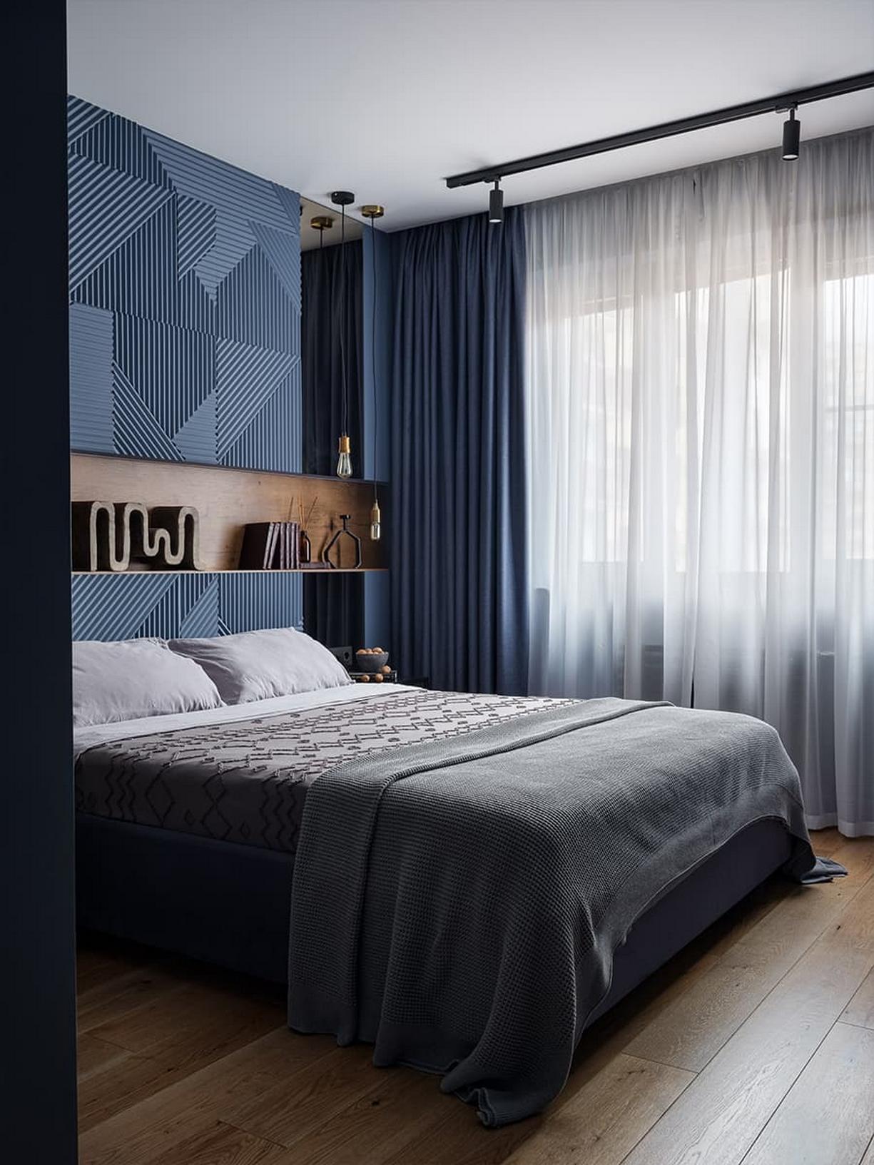 Lakás kék szín és tölgyfa kombinációjával Lakás kék szín és tölgyfa kombinációjával