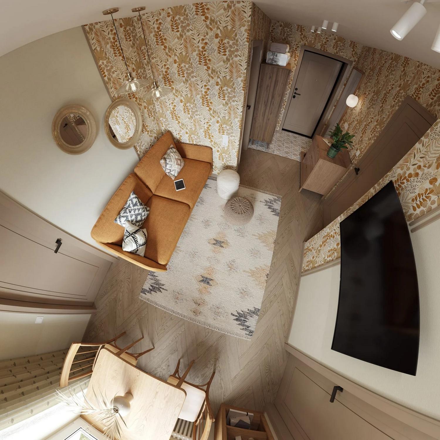 Új berendezés egy nagymamának barátságos és meleg retro hangulattal, 43 m2 Új berendezés egy nagymamának barátságos és meleg retro hangulattal, 43 m2