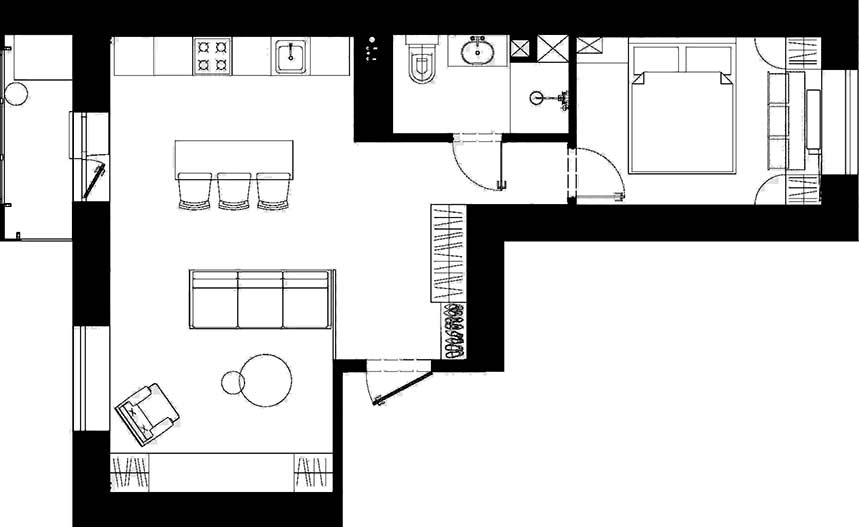 Meleg színek, TV fal helyett könyvespolc és vetítő fiatal nő otthonában, 50m2 Meleg színek, TV fal helyett könyvespolc és vetítő fiatal nő otthonában, 50m2