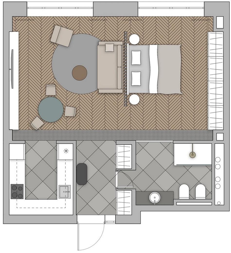Modern városi otthon lágy minimalista berendezéssel: fa, fehér szürke és arany