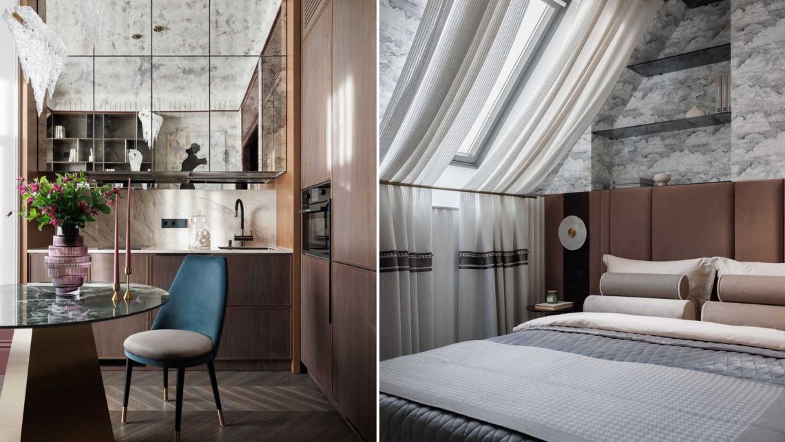 Doktornő elegáns kis otthona: sötét színek, tükrös konyha tetőtérben, 45 m2-en