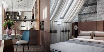 Doktornő elegáns kis otthona: sötét színek, tükrös konyha tetőtérben, 45 m2-en