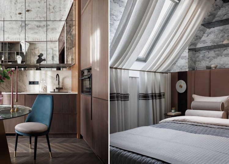 Doktornő elegáns kis otthona: sötét színek, tükrös konyha tetőtérben, 45 m2-en