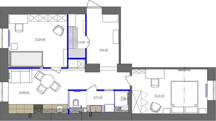 Beton, üvegtégla, nagy belmagasság és érdekes alaprajz 60m2-en Beton, üvegtégla, nagy belmagasság és érdekes alaprajz 60m2-en