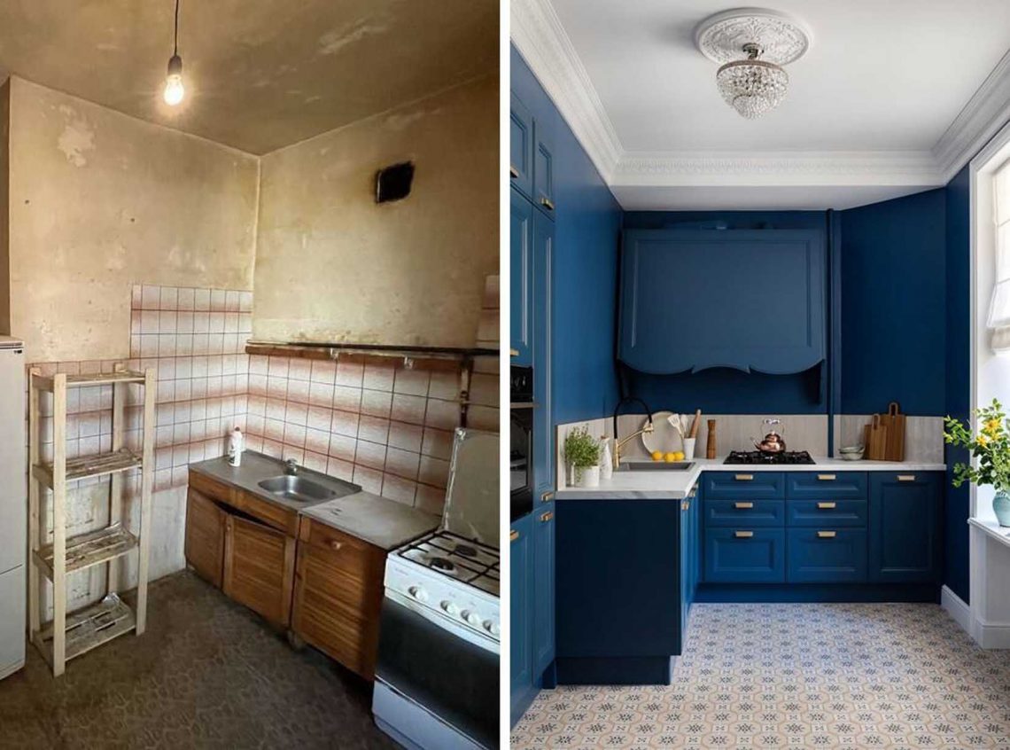 Lerobbant konyha teljes átalakítása elegáns mélykék dizájnnal