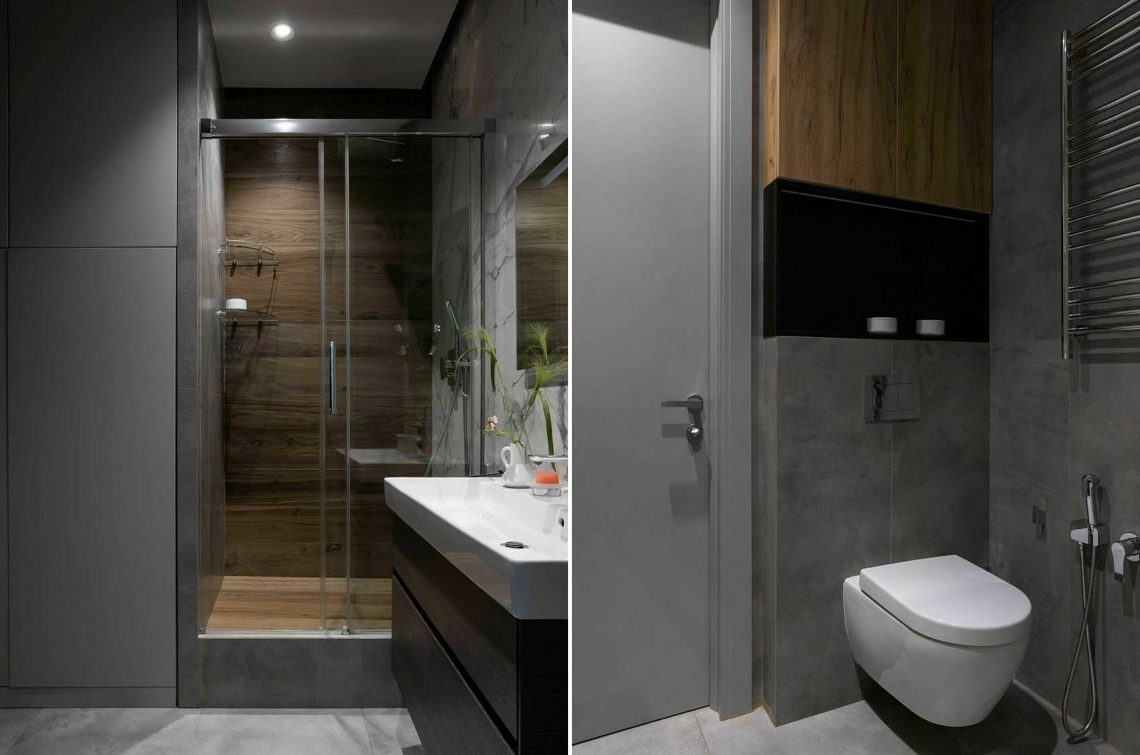 Stílusos monokróm fürdőszoba 5 m2-en, rejtett mosógéppel