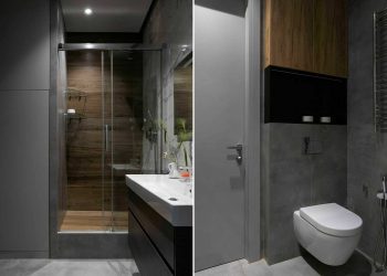 Stílusos monokróm fürdőszoba 5 m2-en, rejtett mosógéppel