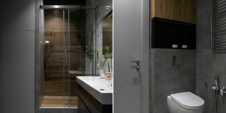 Stílusos monokróm fürdőszoba 5 m2-en, rejtett mosógéppel