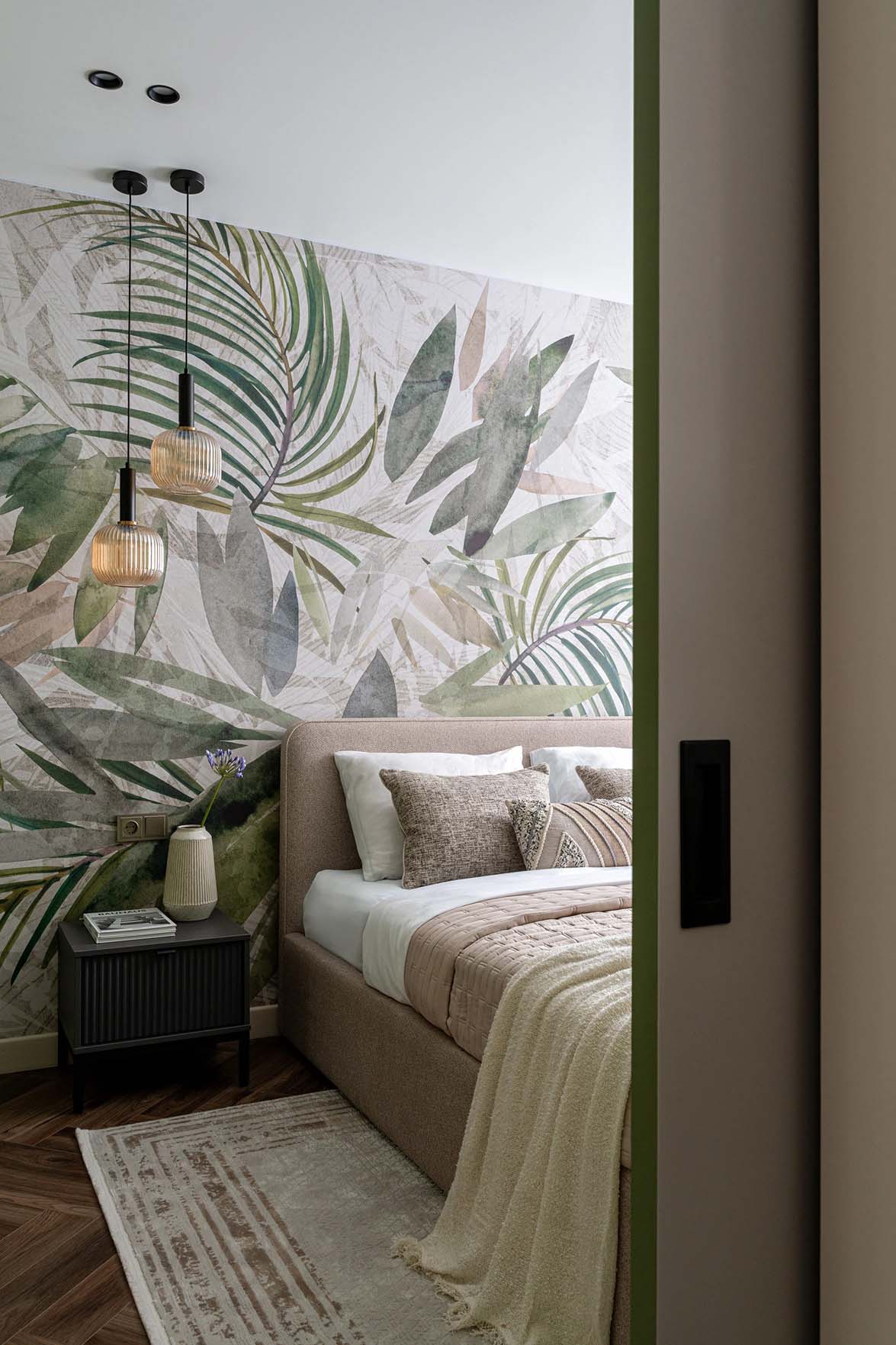 Trópusi mintás tapéta, zöld árnyalatok, 3D falpanel: háló- és fürdőszoba dekoráció