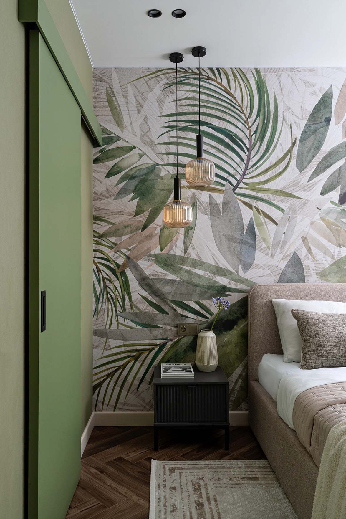 Trópusi mintás tapéta, zöld árnyalatok, 3D falpanel: háló- és fürdőszoba dekoráció