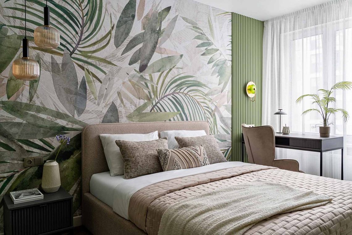 Trópusi mintás tapéta, zöld árnyalatok, 3D falpanel: háló- és fürdőszoba dekoráció