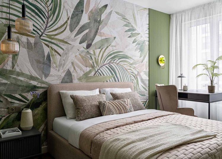 Trópusi mintás tapéta, zöld árnyalatok, 3D falpanel: háló- és fürdőszoba dekoráció