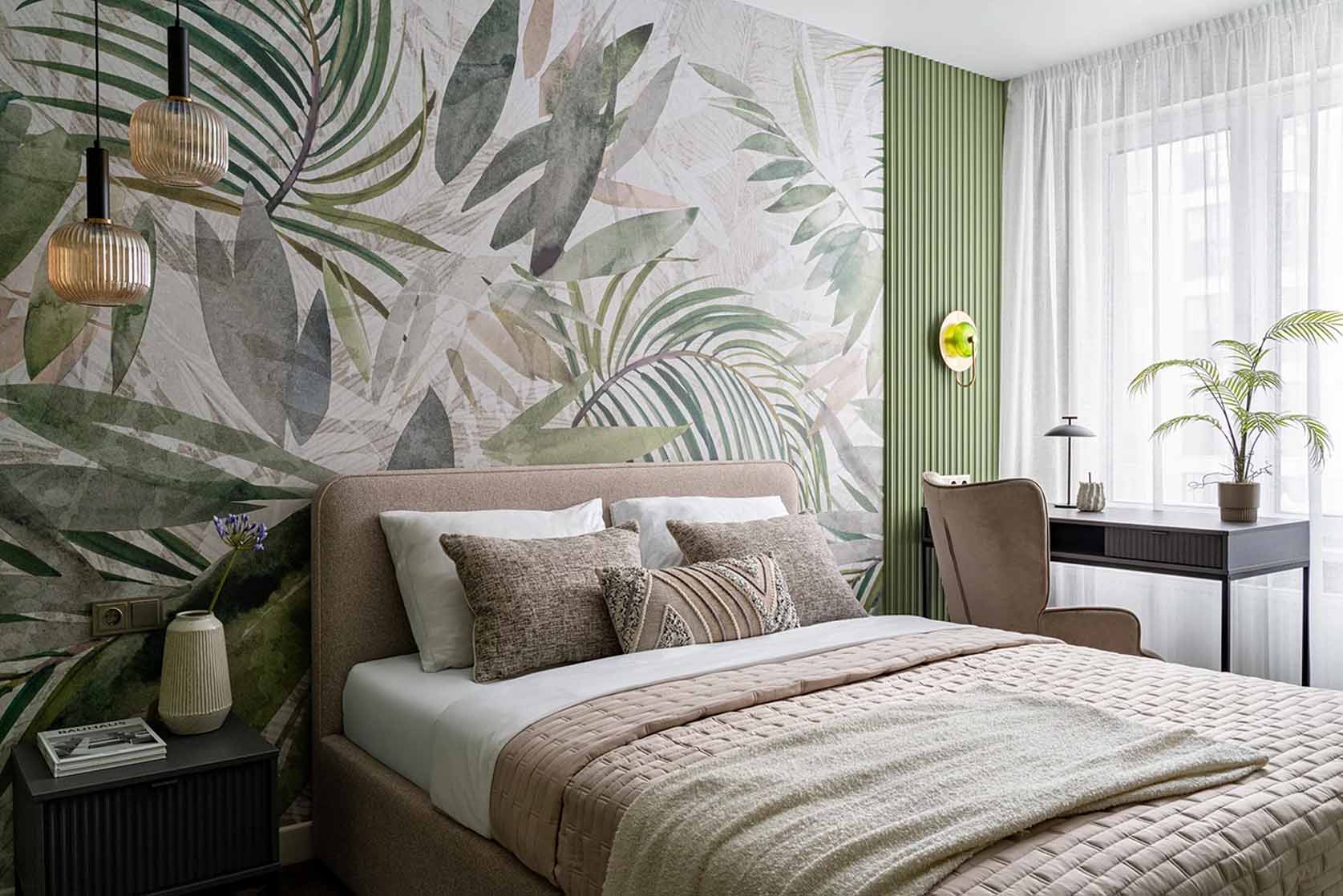 Trópusi mintás tapéta, zöld árnyalatok, 3D falpanel: háló- és fürdőszoba dekoráció