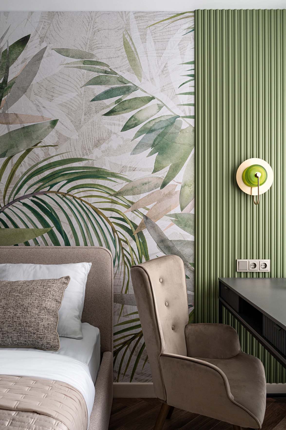 Trópusi mintás tapéta, zöld árnyalatok, 3D falpanel: háló- és fürdőszoba dekoráció