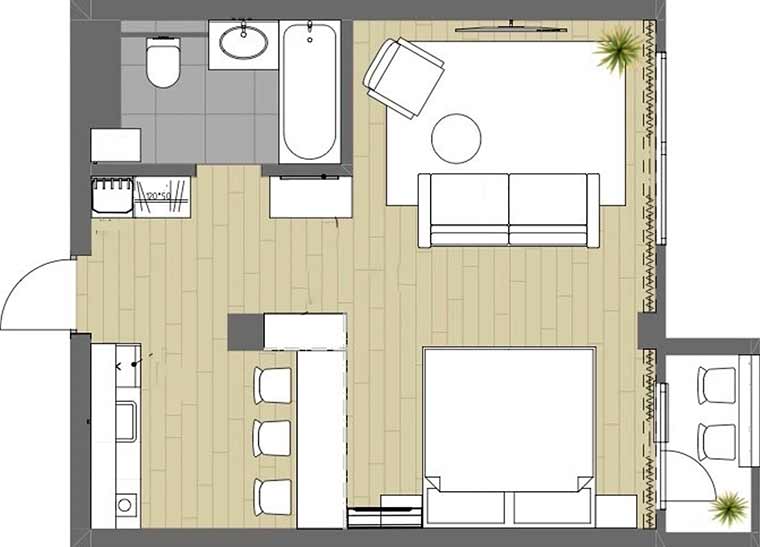 Vízparti lakóparkban, nyaralásokhoz vásárolt 44 m2-es lakás berendezése Vízparti lakóparkban, nyaralásokhoz vásárolt 44 m2-es lakás berendezése