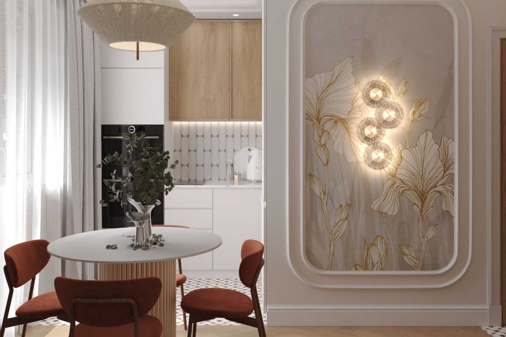 Hálószoba és nappali egy helyiségben, rétegezett világítás, tapéta mint műalkotás