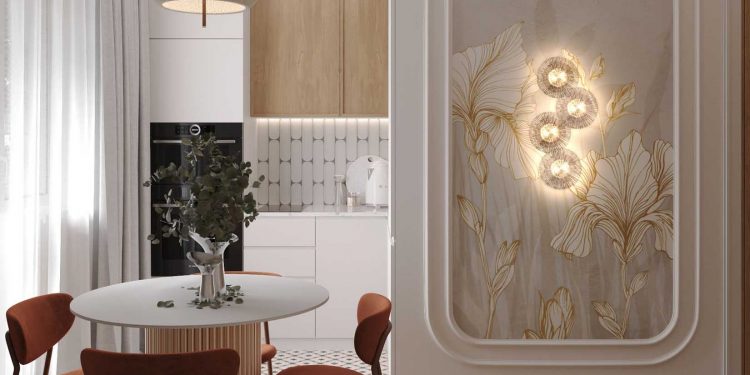 Hálószoba és nappali egy helyiségben, rétegezett világítás, tapéta mint műalkotás