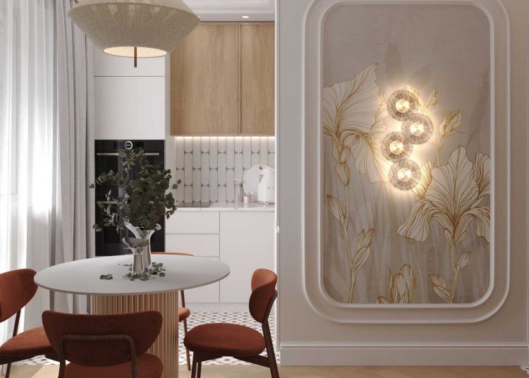 Hálószoba és nappali egy helyiségben, rétegezett világítás, tapéta mint műalkotás