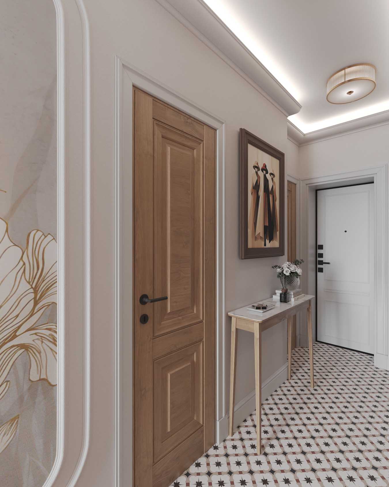 Hálószoba és nappali egy helyiségben, rétegezett világítás, tapéta mint műalkotás