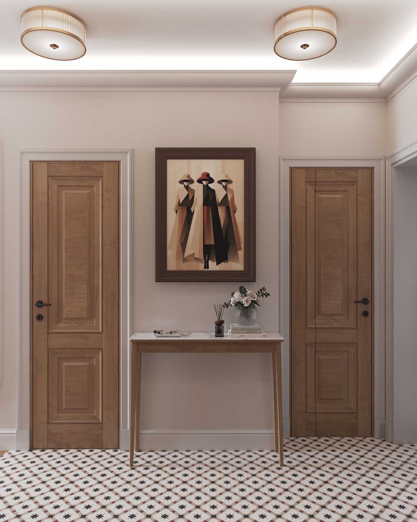 Hálószoba és nappali egy helyiségben, rétegezett világítás, tapéta mint műalkotás