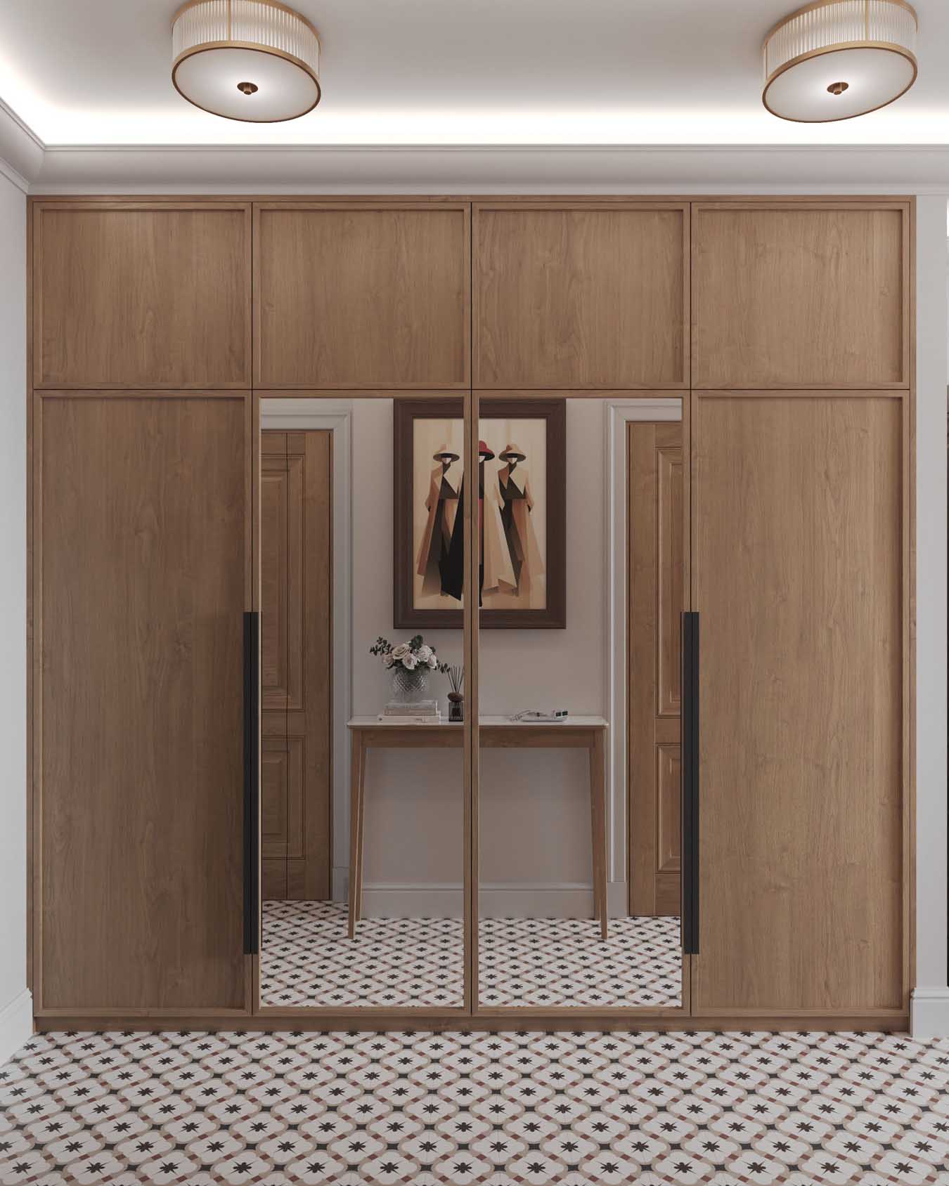 Hálószoba és nappali egy helyiségben, rétegezett világítás, tapéta mint műalkotás