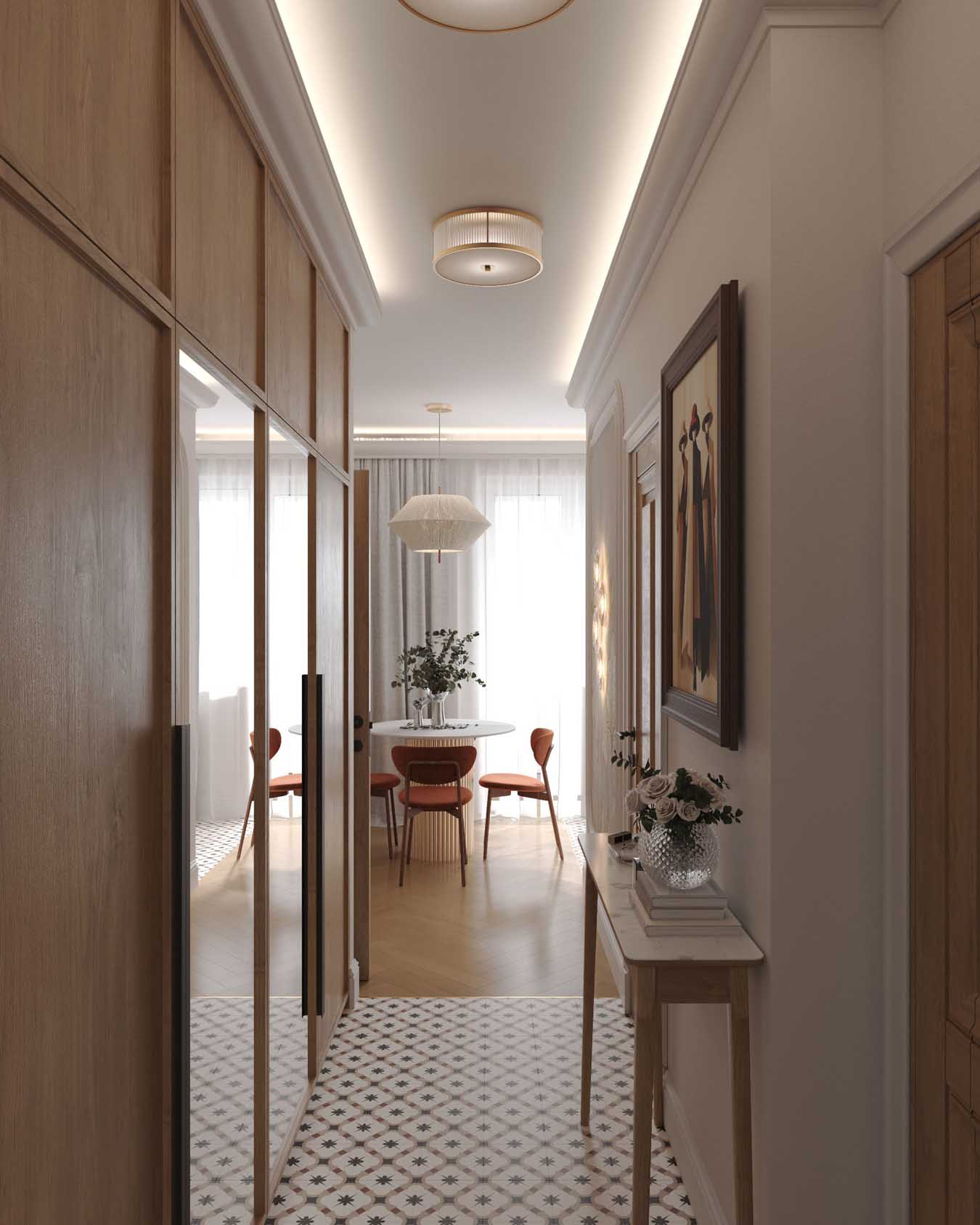 Hálószoba és nappali egy helyiségben, rétegezett világítás, tapéta mint műalkotás