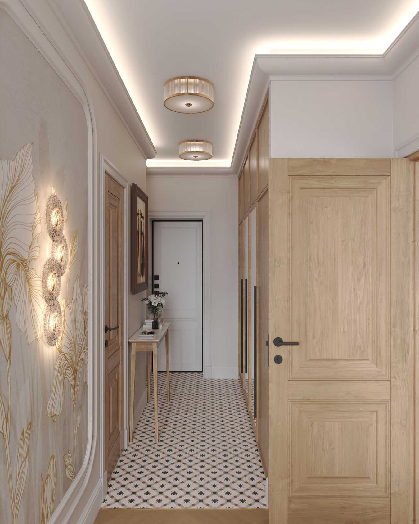 Hálószoba és nappali egy helyiségben, rétegezett világítás, tapéta mint műalkotás