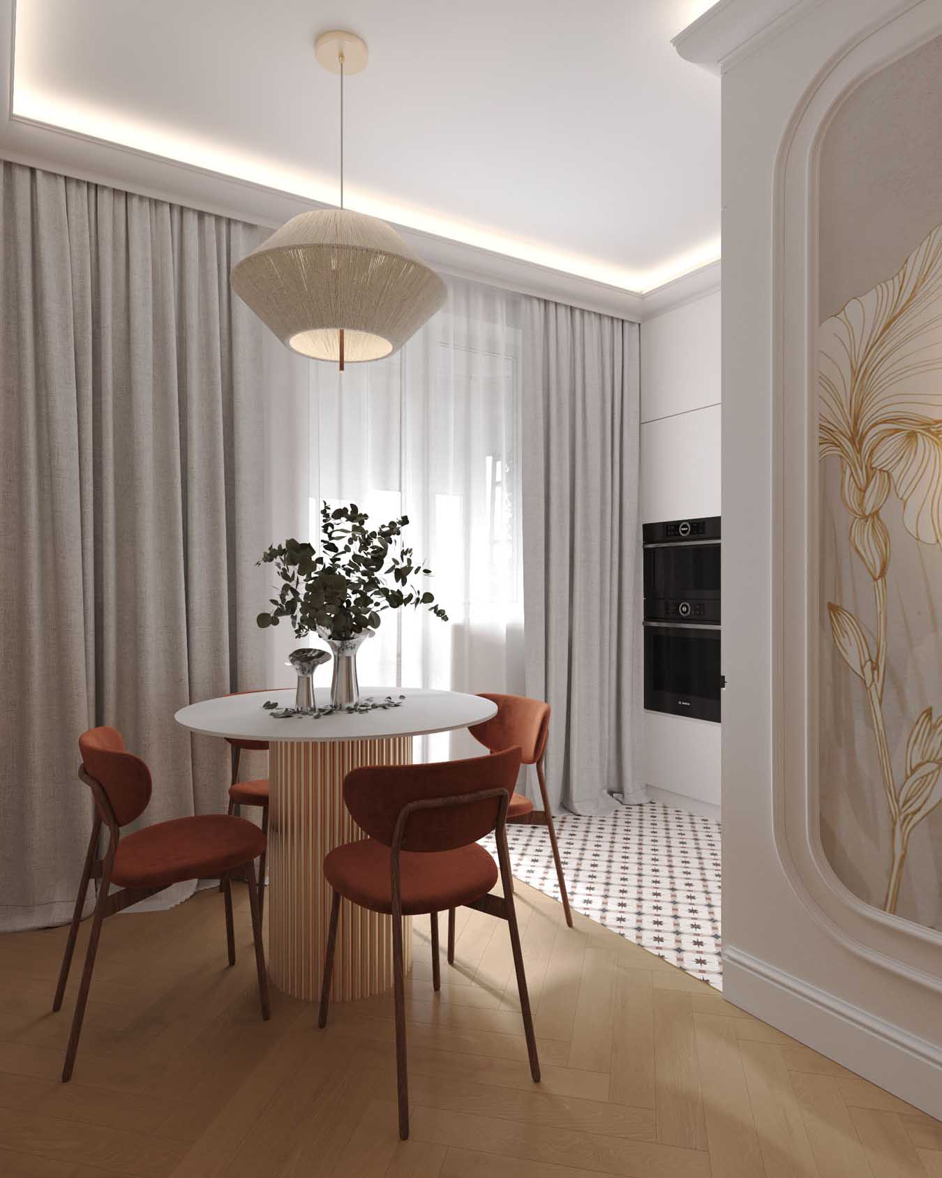 Hálószoba és nappali egy helyiségben, rétegezett világítás, tapéta mint műalkotás