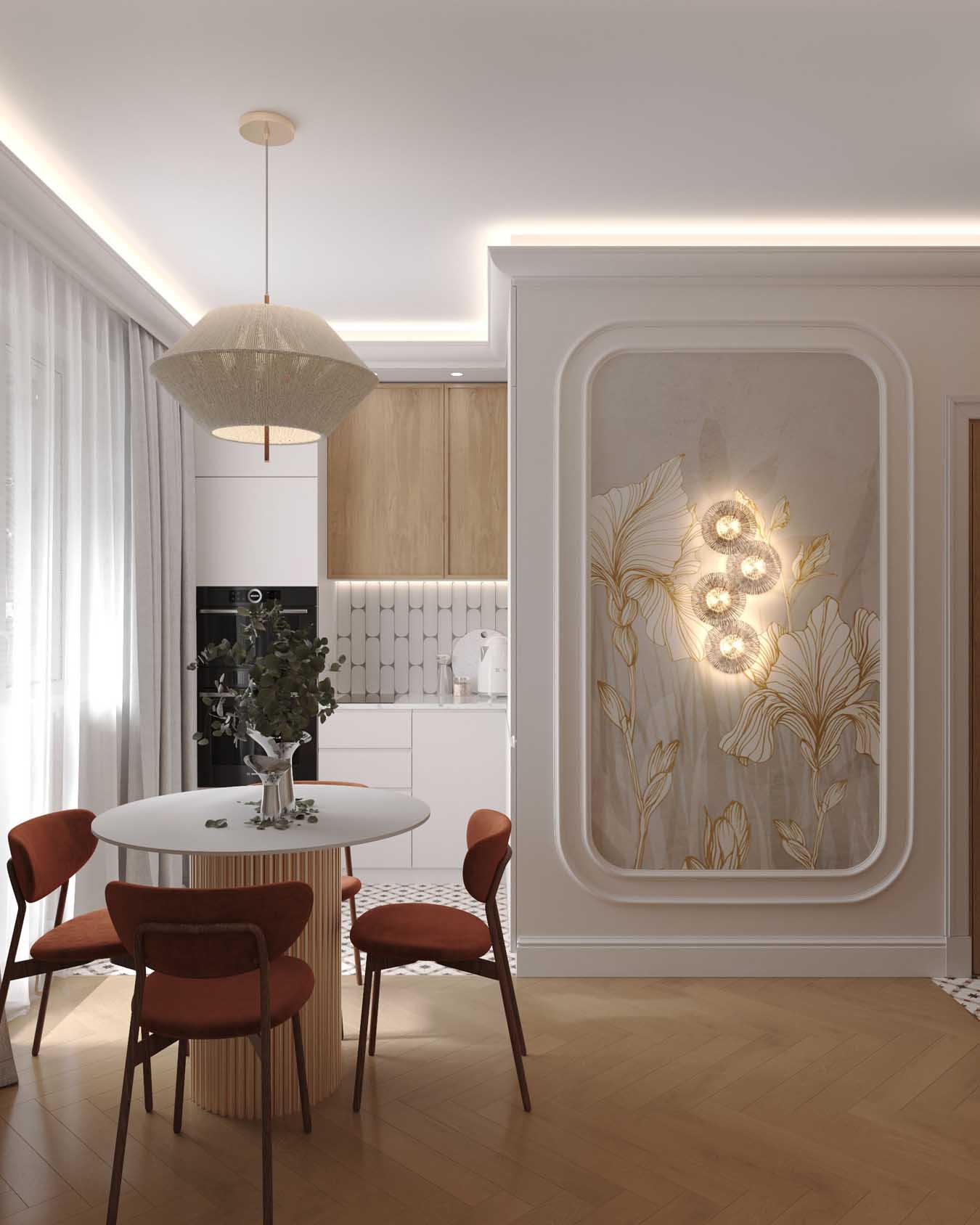 Hálószoba és nappali egy helyiségben, rétegezett világítás, tapéta mint műalkotás