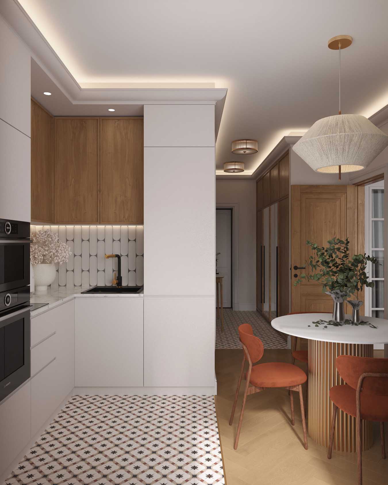 Hálószoba és nappali egy helyiségben, rétegezett világítás, tapéta mint műalkotás