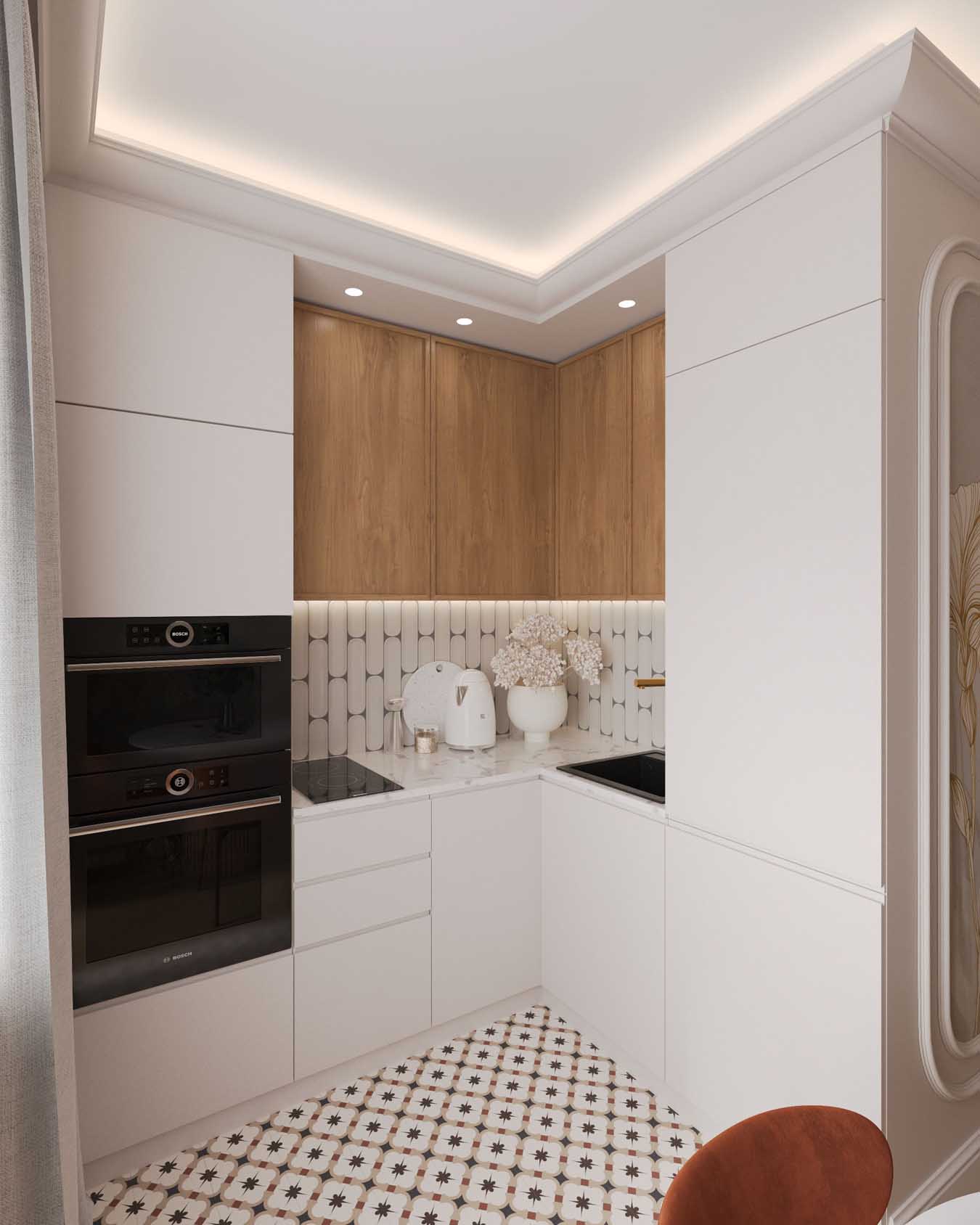 Hálószoba és nappali egy helyiségben, rétegezett világítás, tapéta mint műalkotás