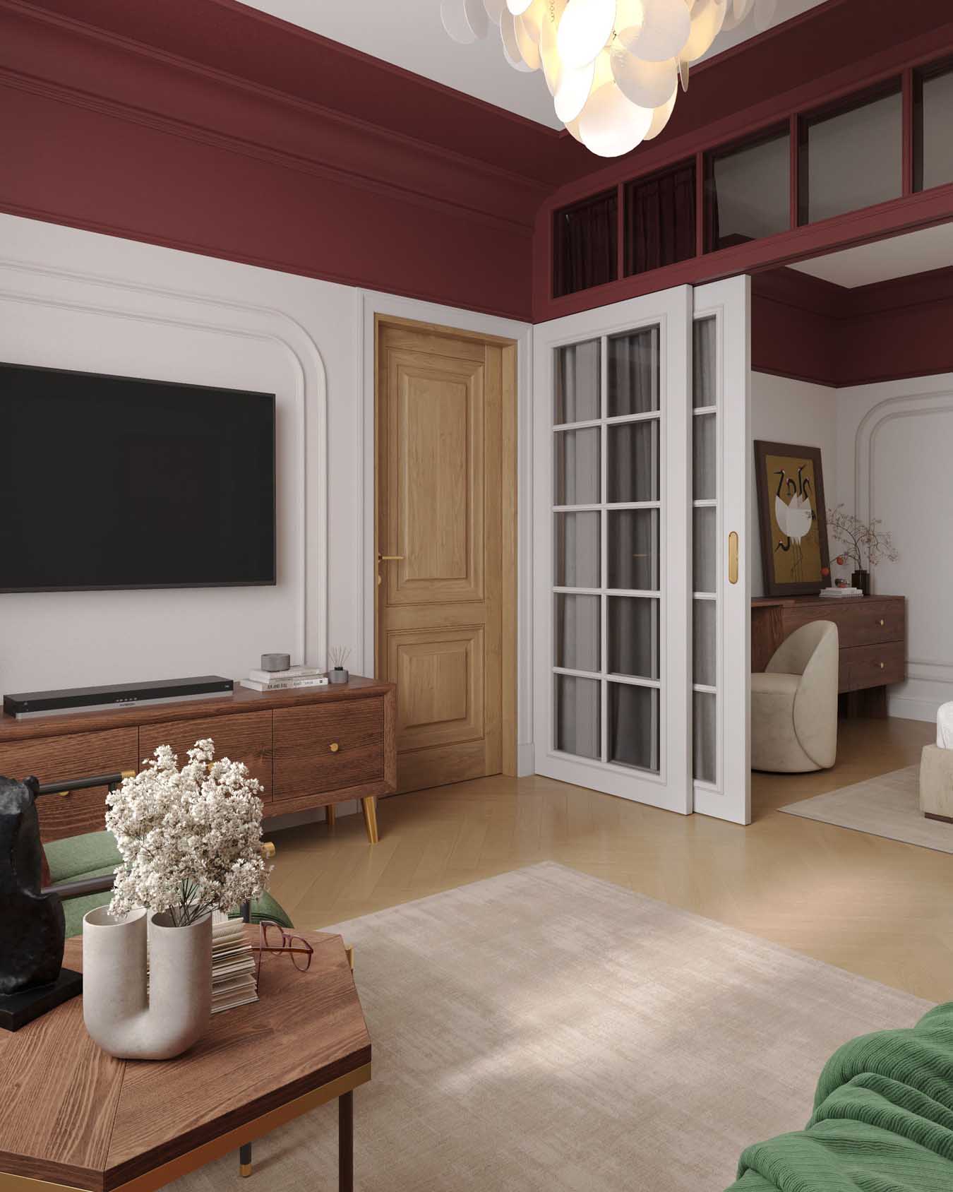 Hálószoba és nappali egy helyiségben, rétegezett világítás, tapéta mint műalkotás