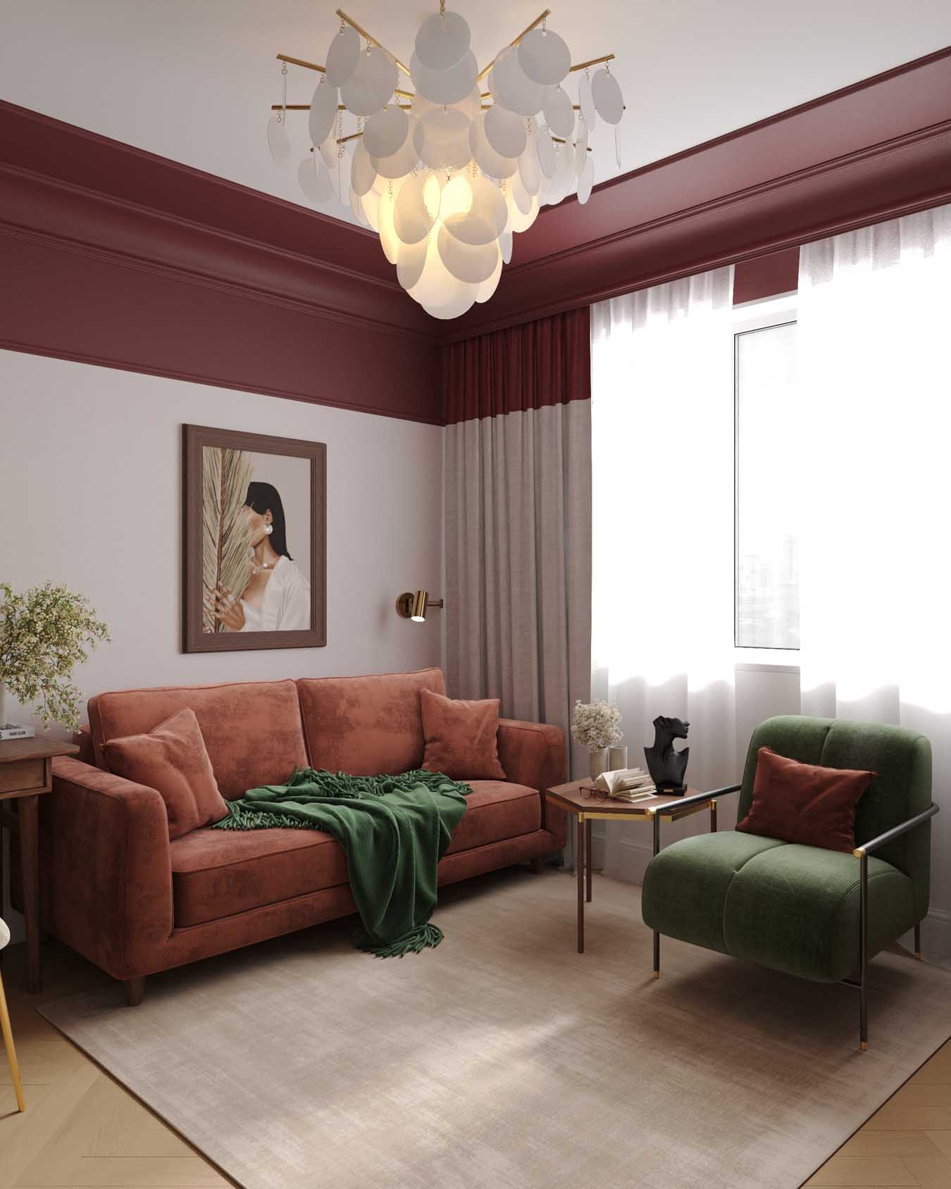 Hálószoba és nappali egy helyiségben, rétegezett világítás, tapéta mint műalkotás