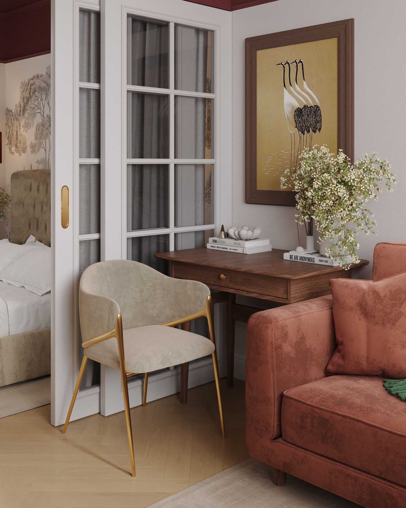 Hálószoba és nappali egy helyiségben, rétegezett világítás, tapéta mint műalkotás