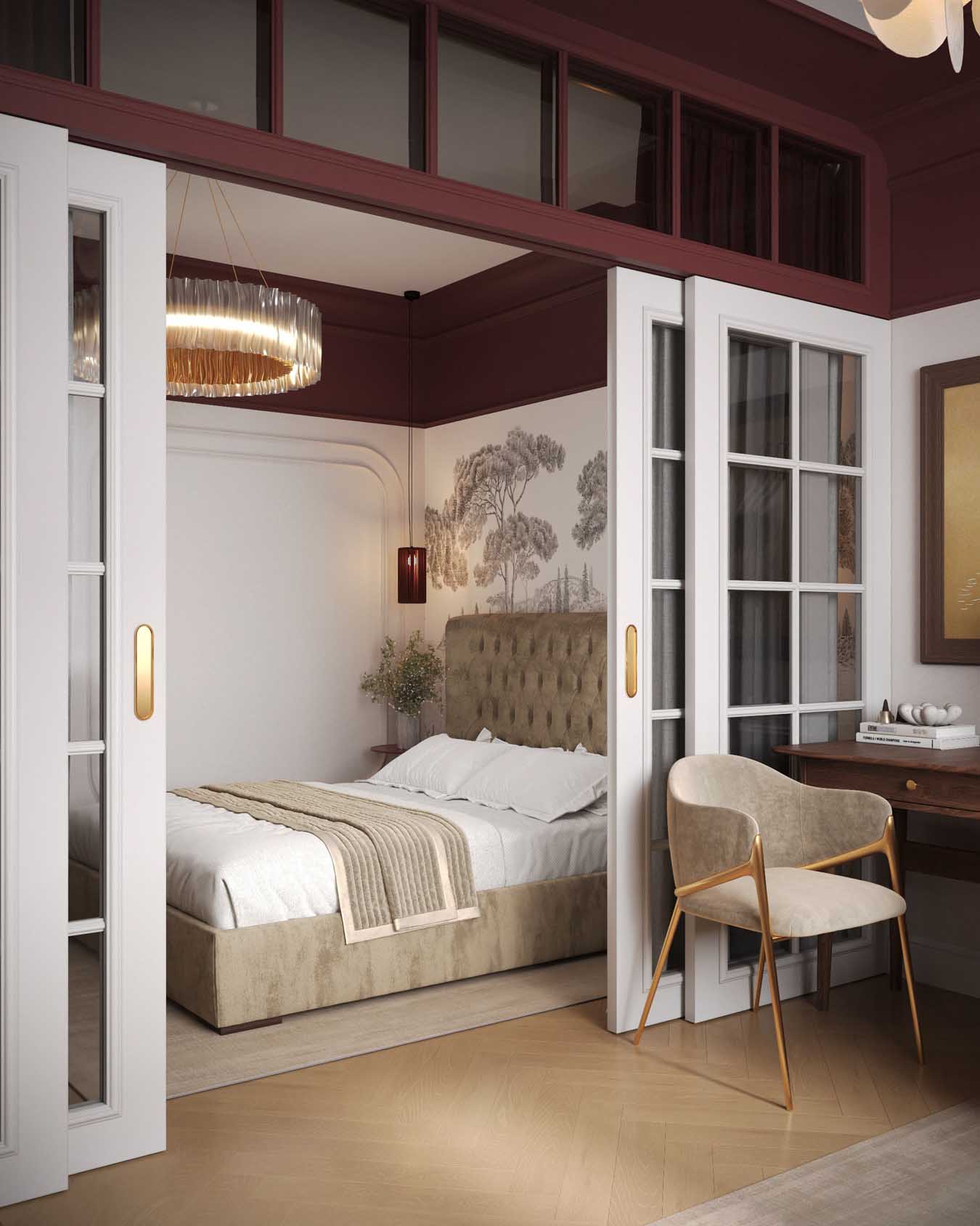 Hálószoba és nappali egy helyiségben, rétegezett világítás, tapéta mint műalkotás