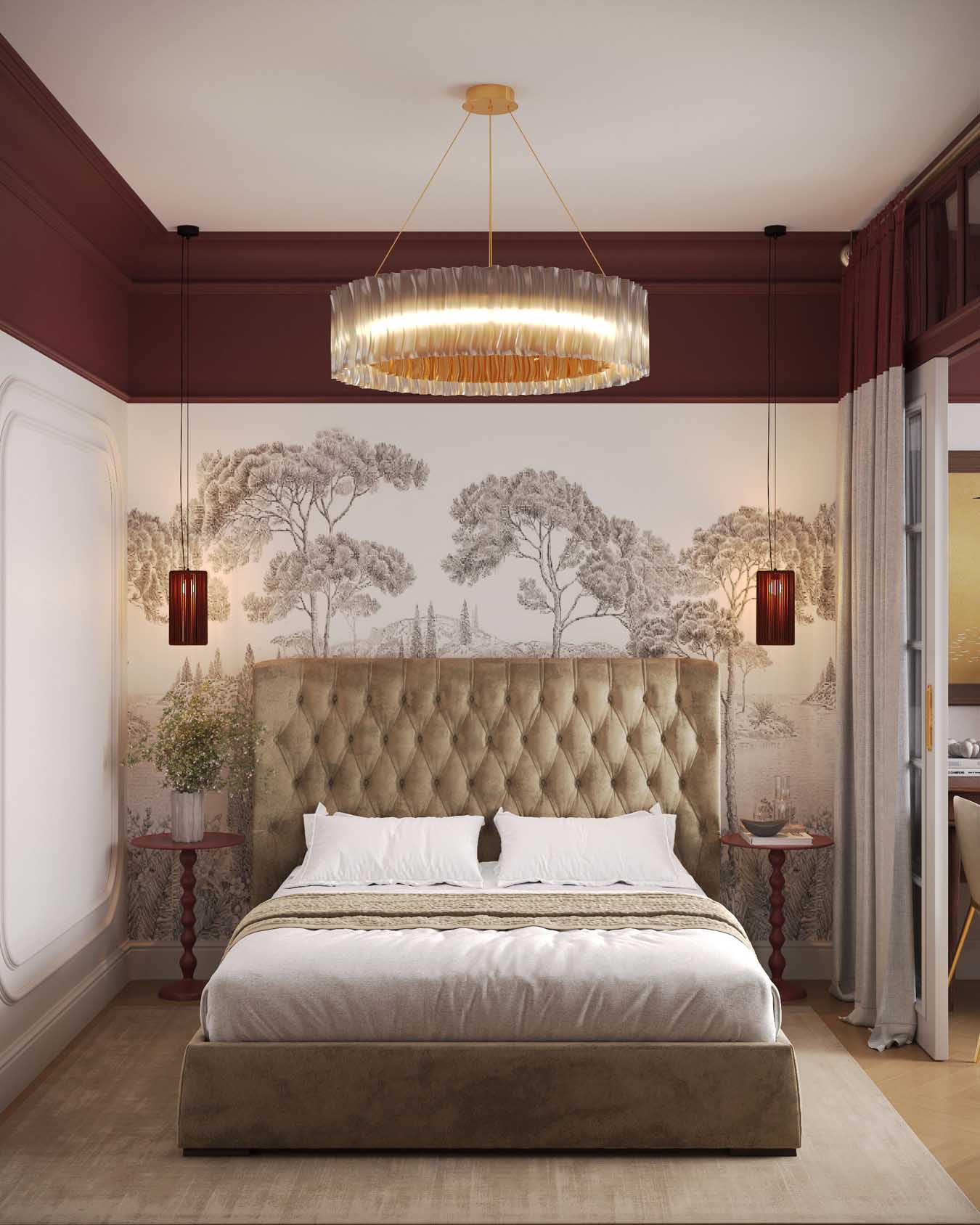 Hálószoba és nappali egy helyiségben, rétegezett világítás, tapéta mint műalkotás