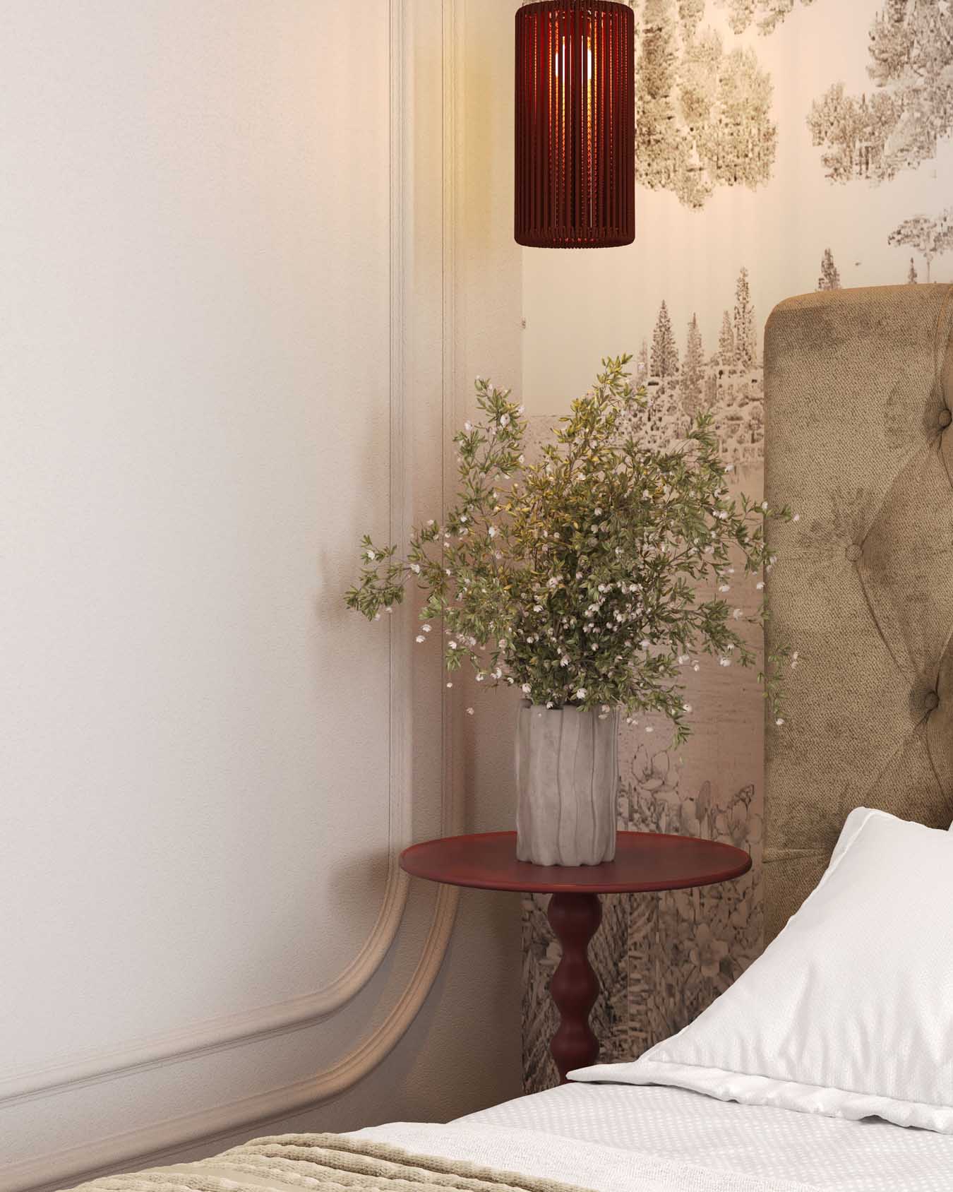 Hálószoba és nappali egy helyiségben, rétegezett világítás, tapéta mint műalkotás