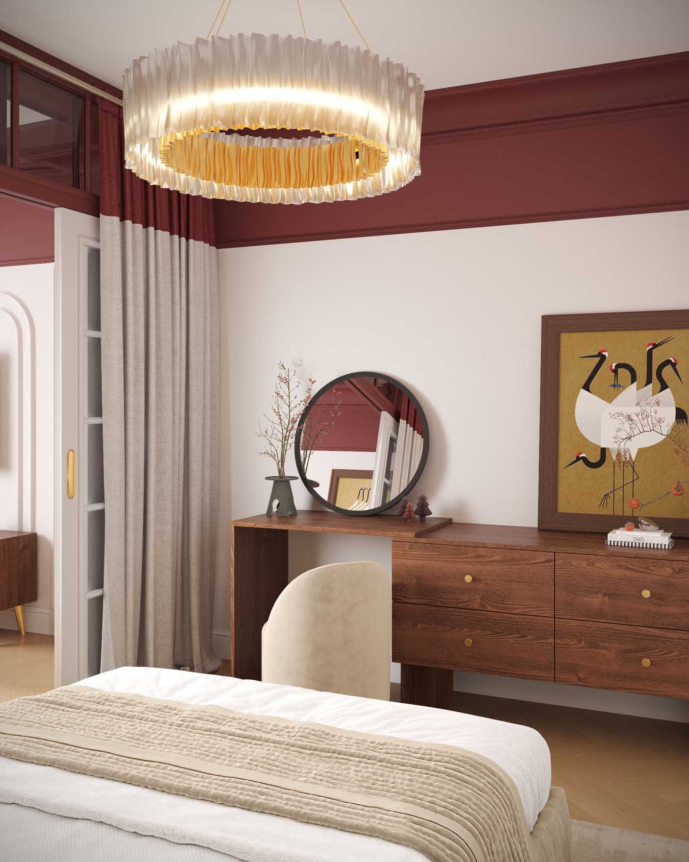 Hálószoba és nappali egy helyiségben, rétegezett világítás, tapéta mint műalkotás