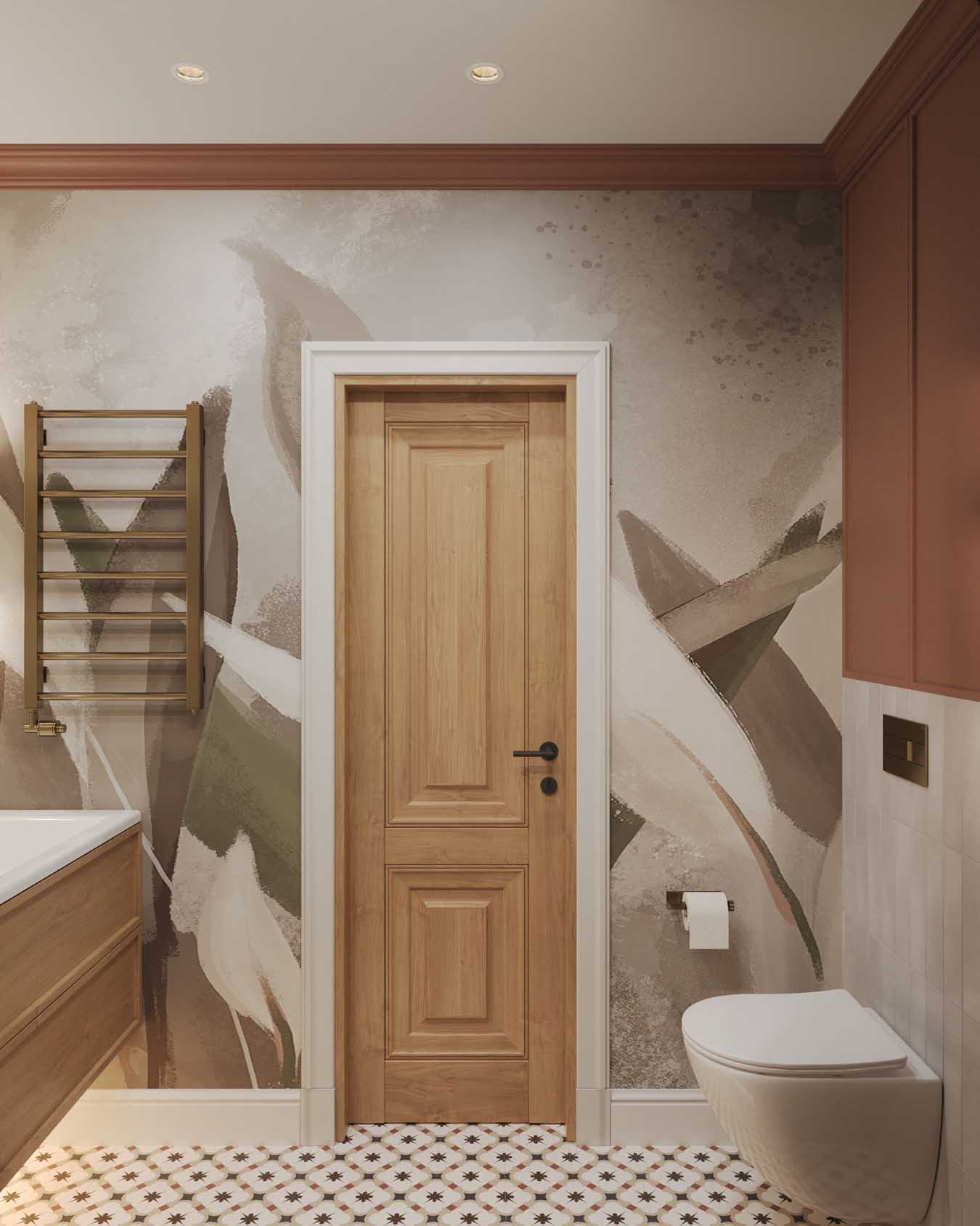 Hálószoba és nappali egy helyiségben, rétegezett világítás, tapéta mint műalkotás