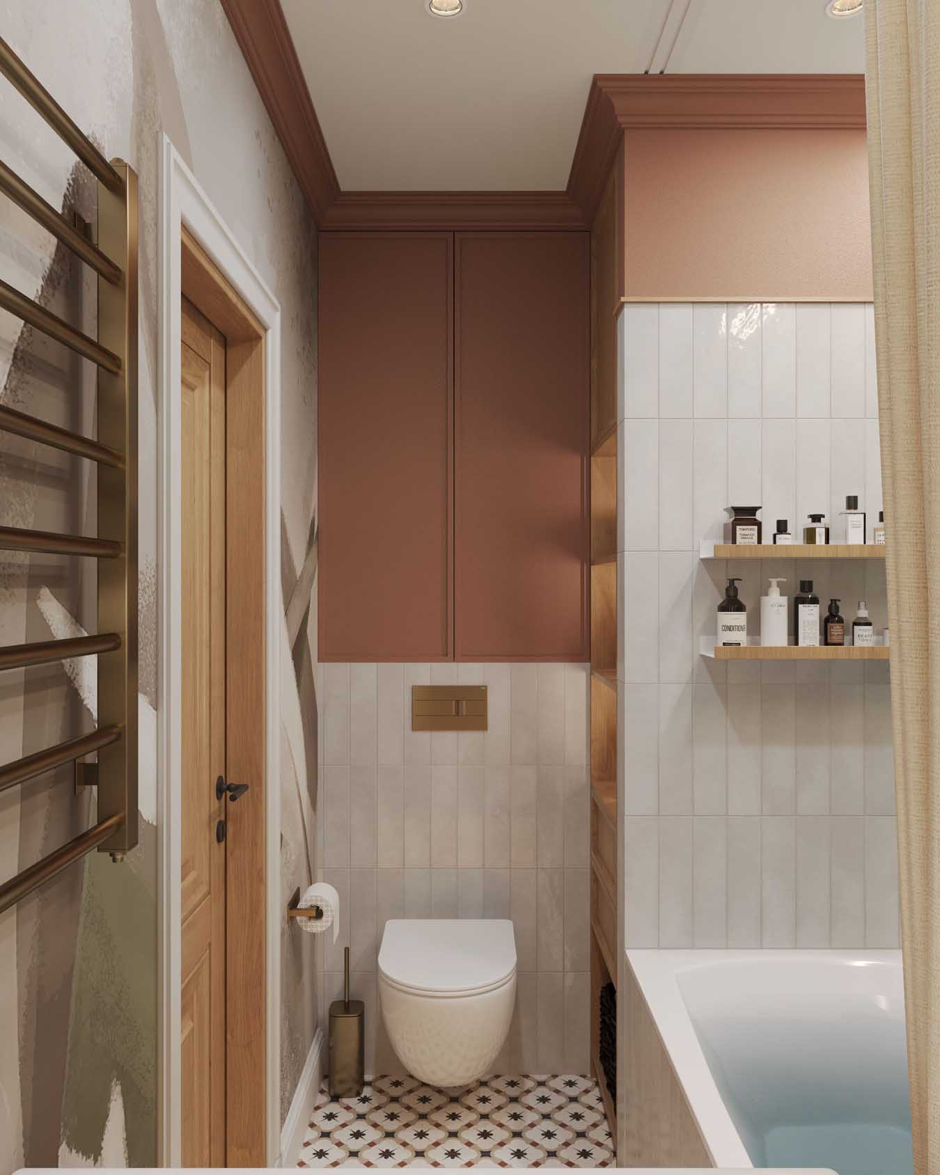 Hálószoba és nappali egy helyiségben, rétegezett világítás, tapéta mint műalkotás