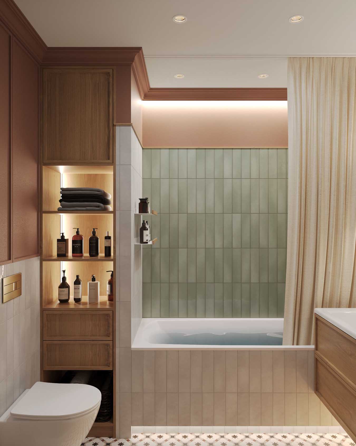 Hálószoba és nappali egy helyiségben, rétegezett világítás, tapéta mint műalkotás