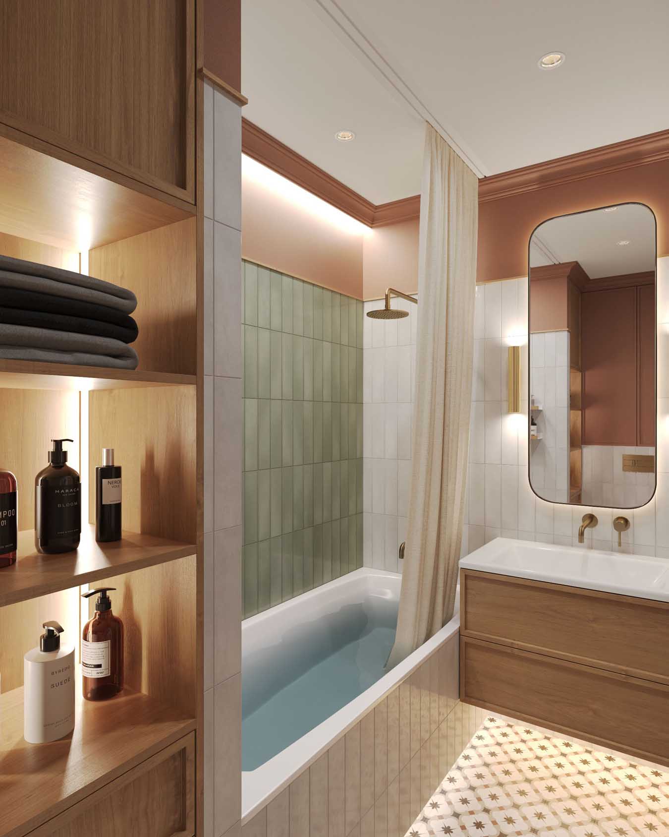 Hálószoba és nappali egy helyiségben, rétegezett világítás, tapéta mint műalkotás