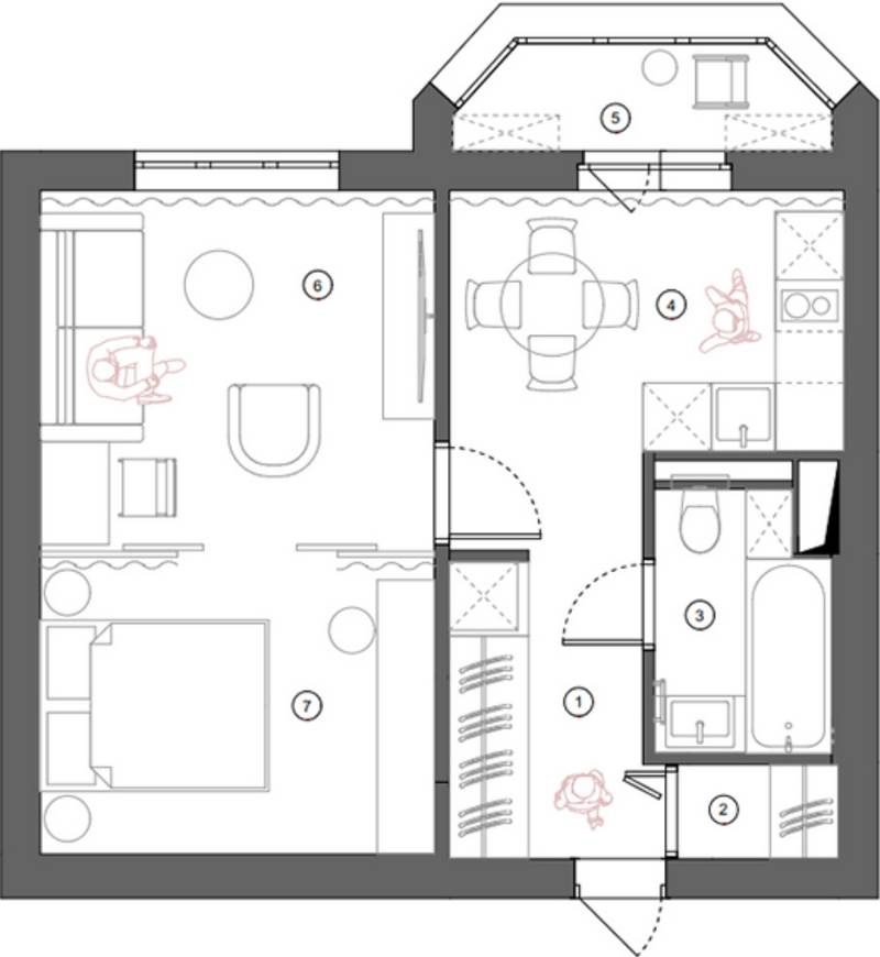 Hálószoba és nappali egy helyiségben, rétegezett világítás, tapéta mint műalkotás