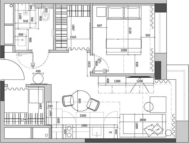 Boltíves átjárók és textil térelválasztók harmóniája 37 m2-en Boltíves átjárók és textil térelválasztók harmóniája 37 m2-en